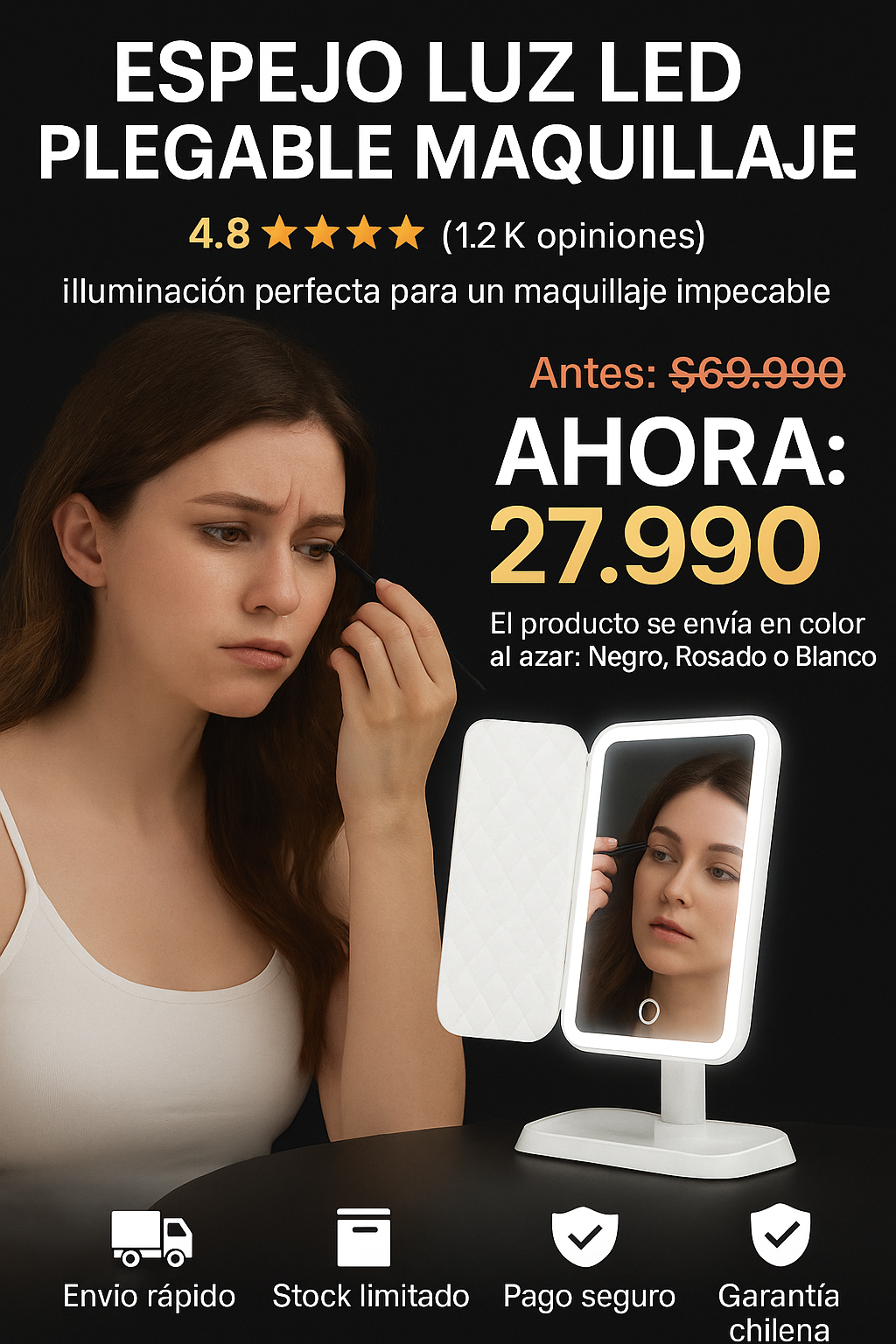 Espejo Luz LED Plegable Maquillaje